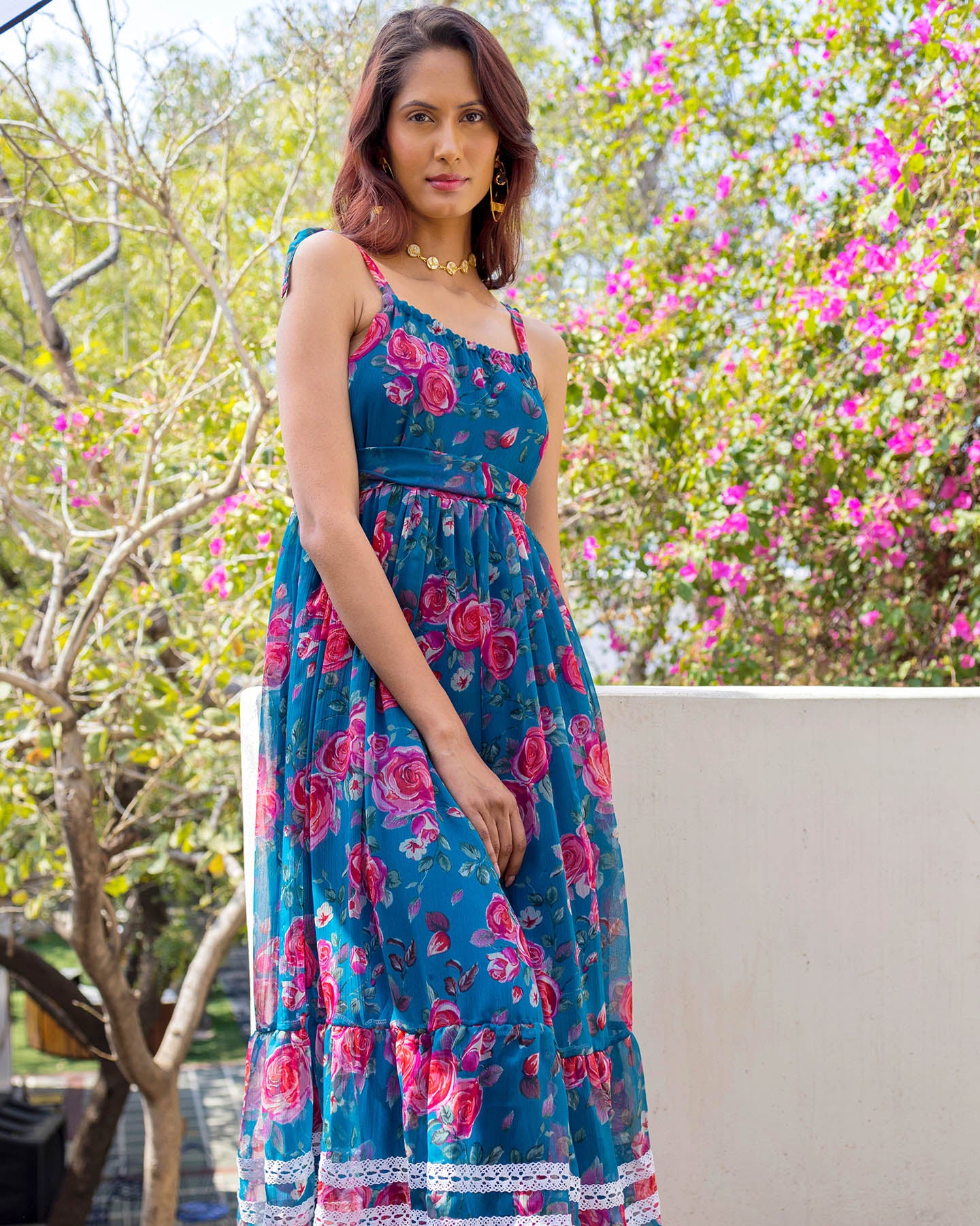 BOHEMIAN TEAL BLUE CHIFFON FLORAL DRESS