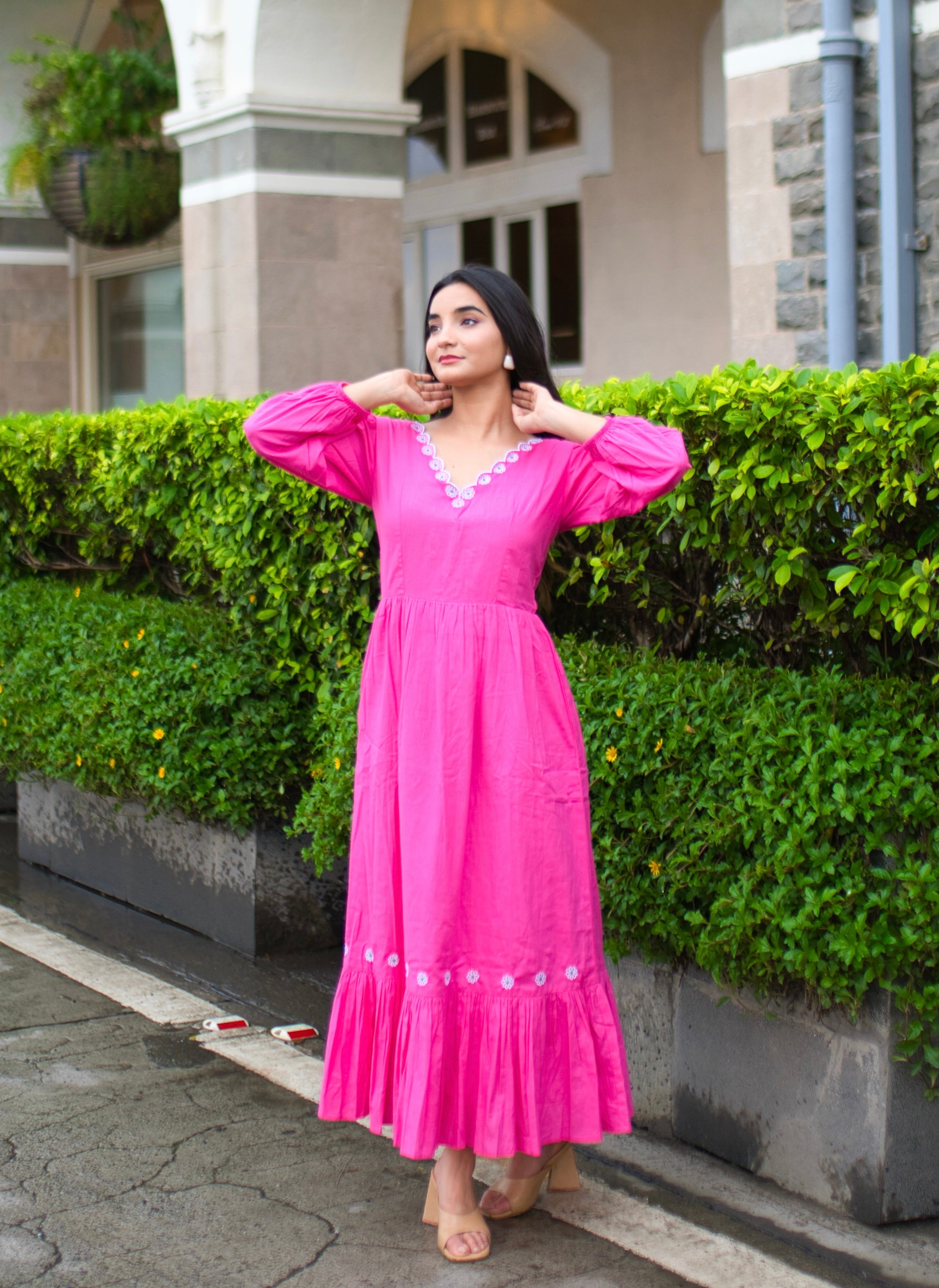 Pink embroidered maxi outlet dress