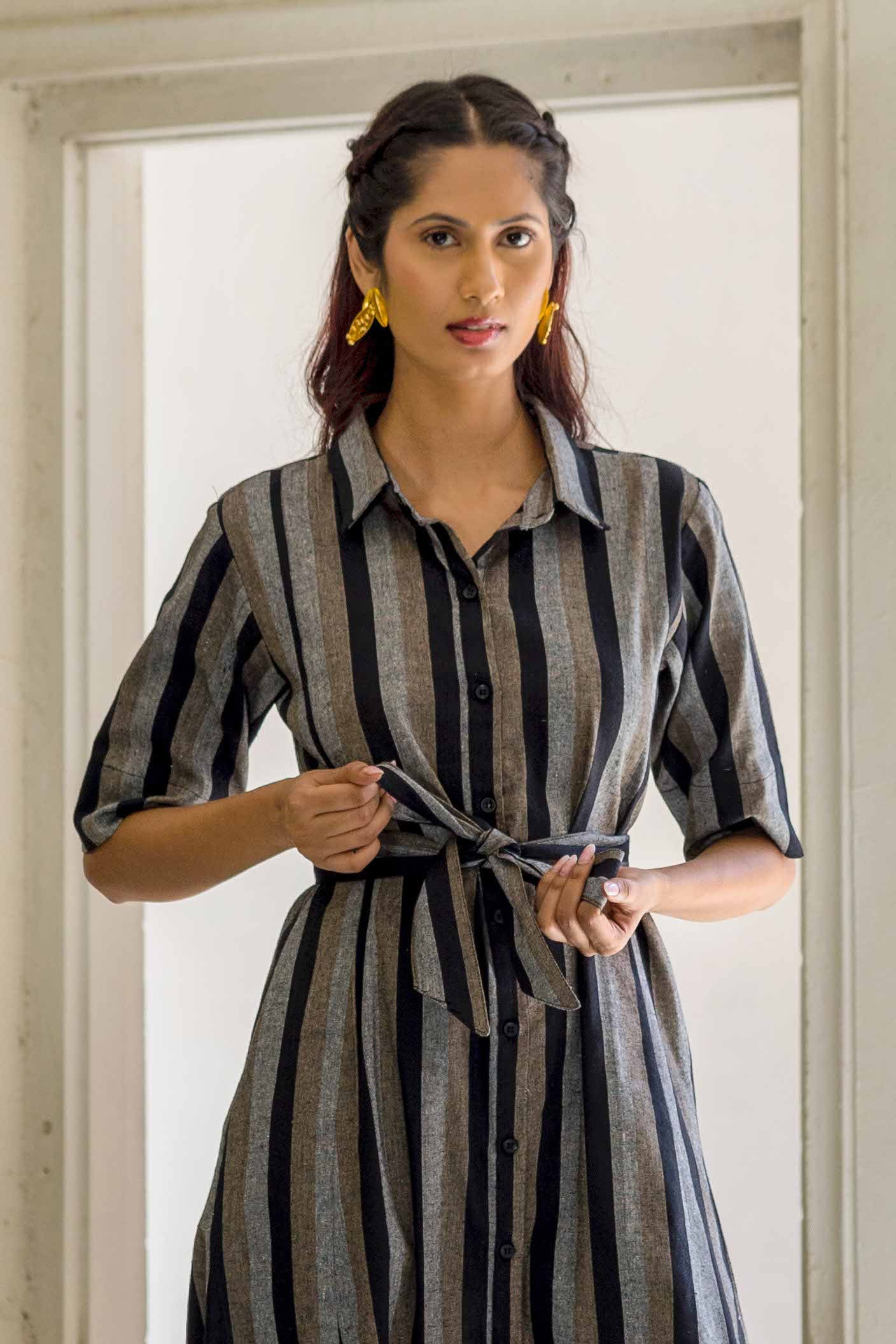 BLACK STRIPED KHADI DRESS