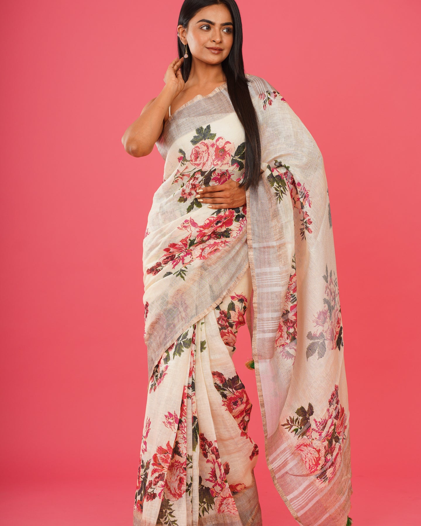 WHITE FLORAL LINEN SAREE