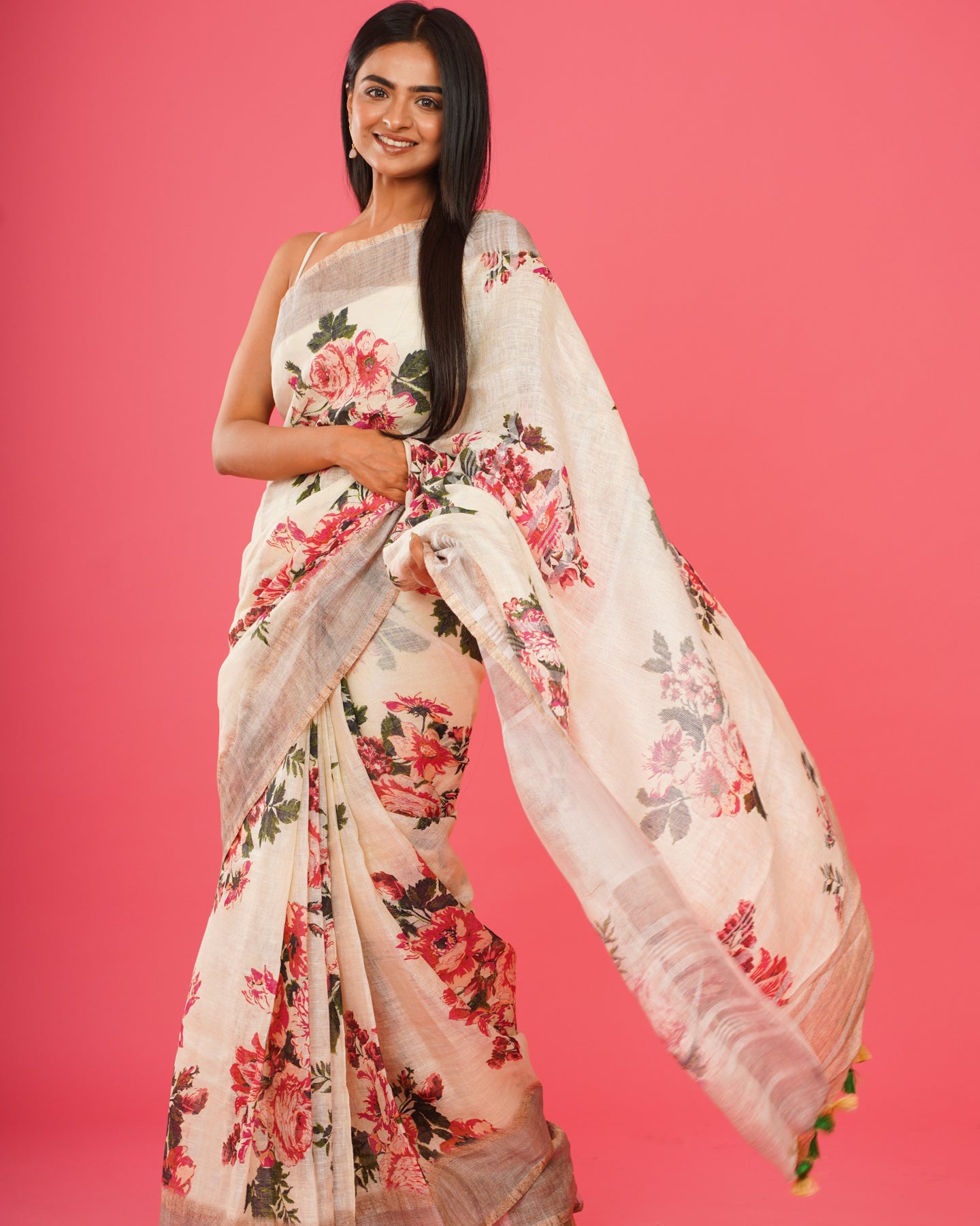 WHITE FLORAL LINEN SAREE