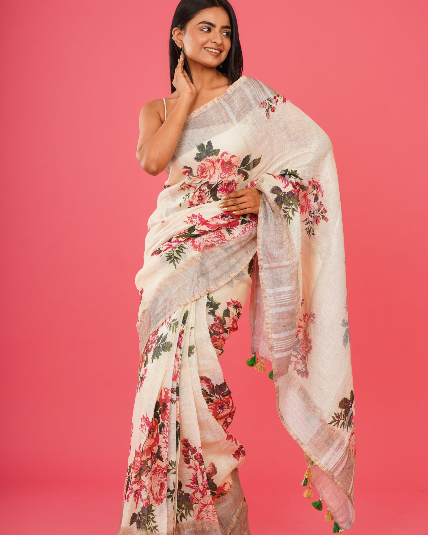 WHITE FLORAL LINEN SAREE