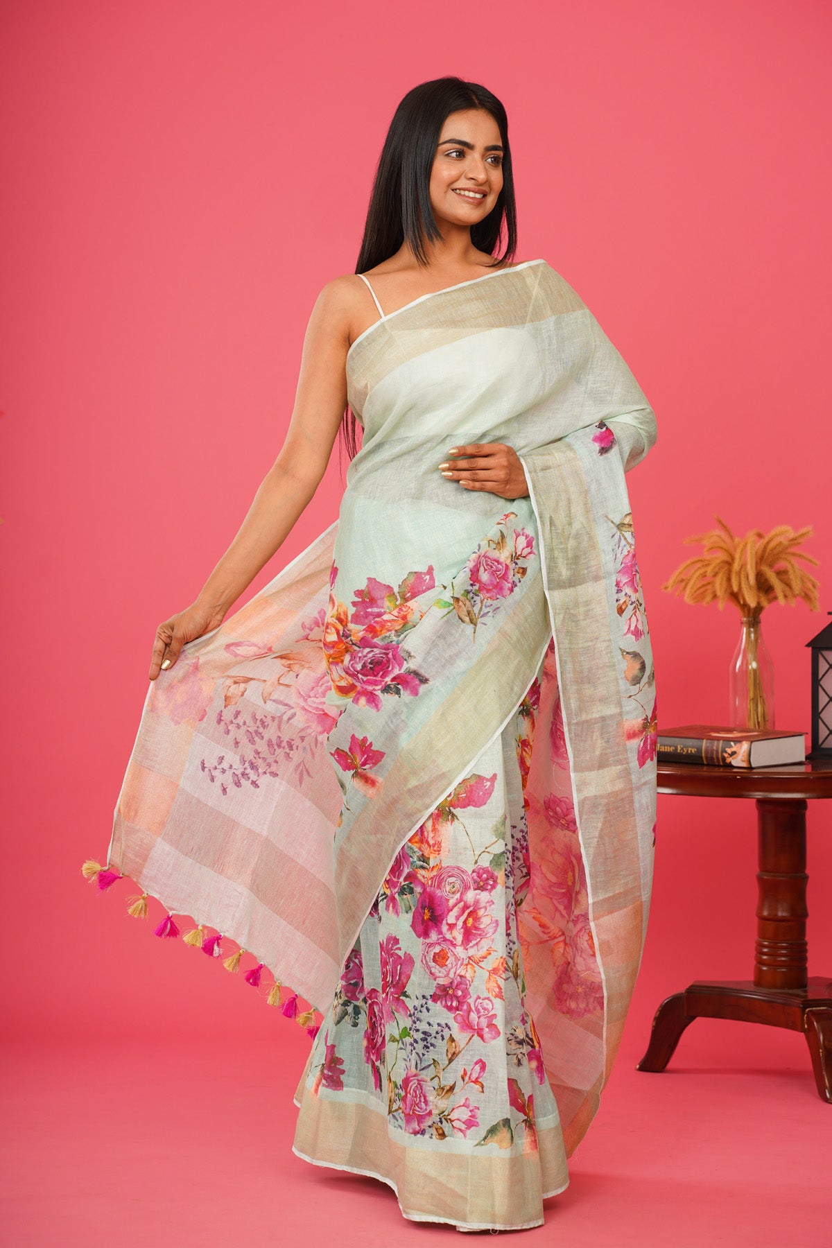 BLUE WATERS FLORAL LINEN SAREE