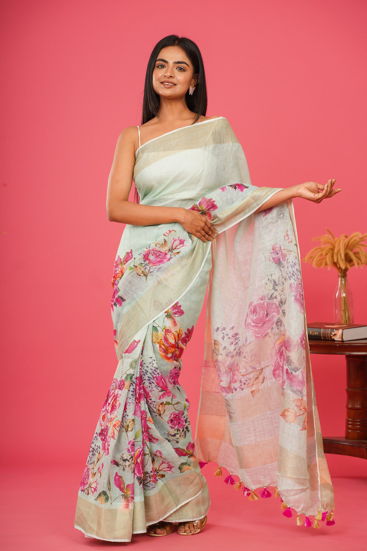 BLUE WATERS FLORAL LINEN SAREE