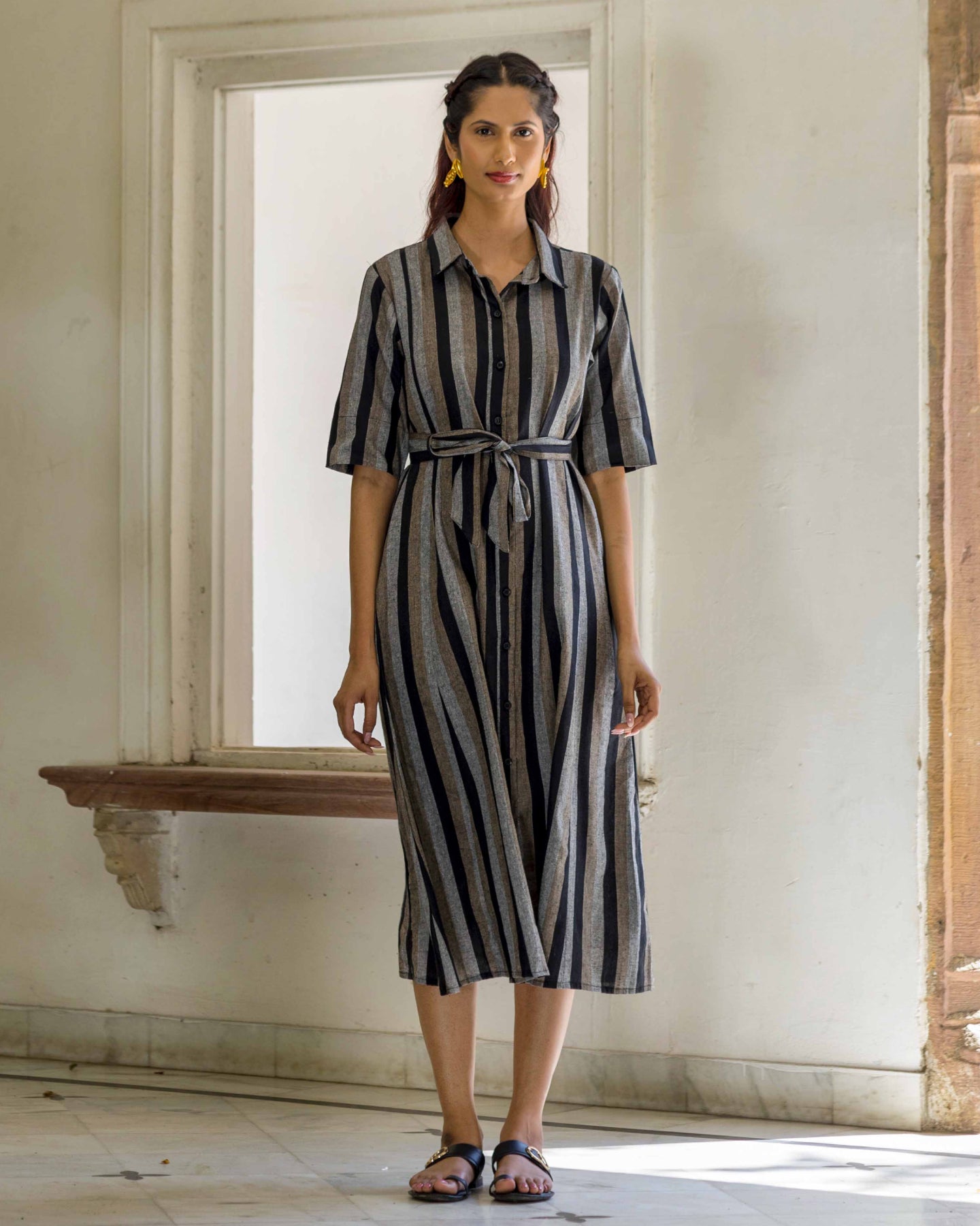 BLACK STRIPED KHADI DRESS