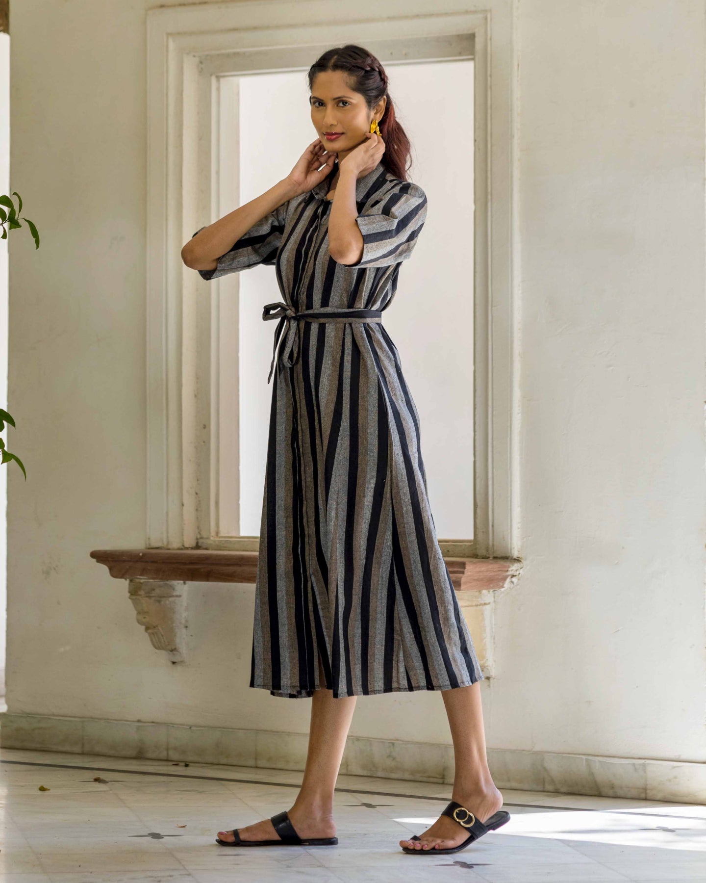 BLACK STRIPED KHADI DRESS