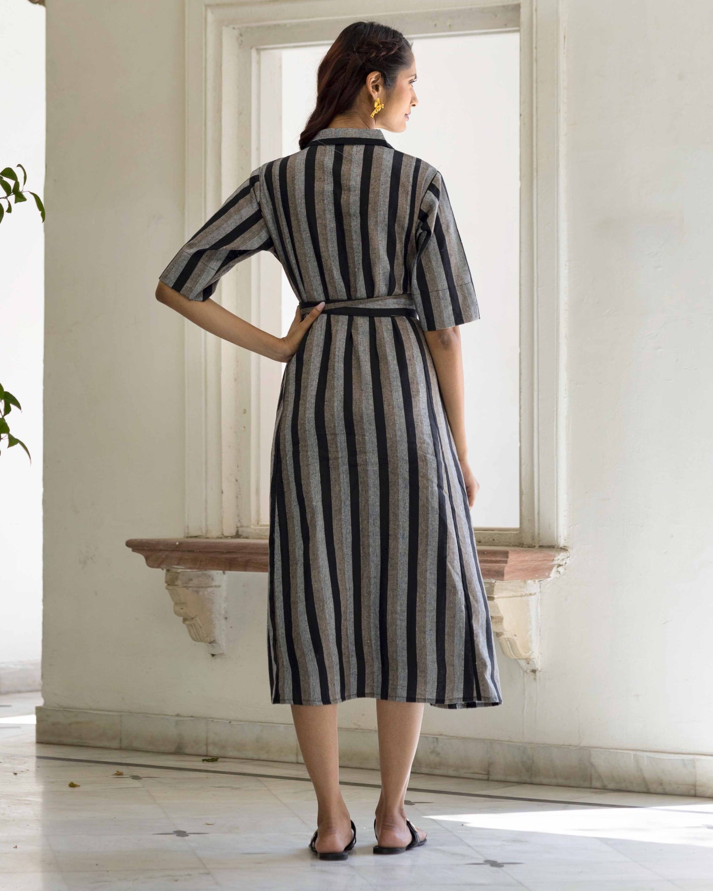 BLACK STRIPED KHADI DRESS