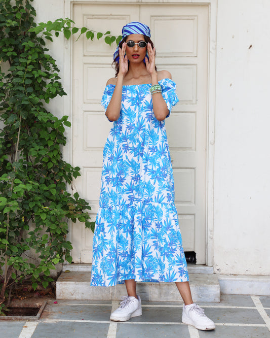 TROPICAL PRINTED OFF SHOULDER DRESS